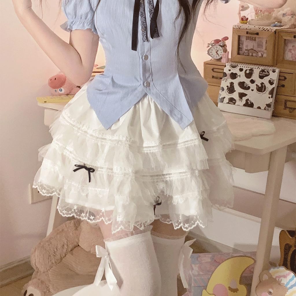 Harajuku Lolita Kawaii Casual Style Elastic Waist Cute Black Bows with Lace Hem Trim White Pleated Tiered Skirt size small